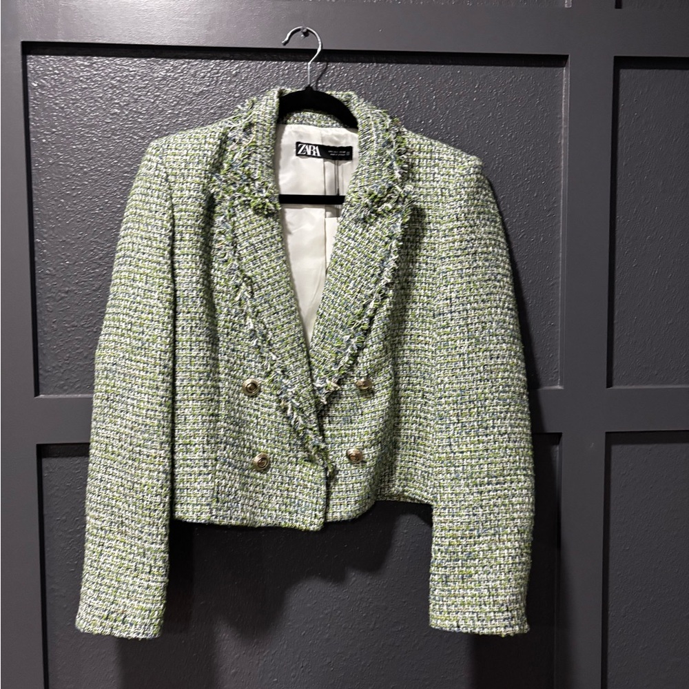 Zara DOUBLE BREASTED FRAYED CROPPED BLAZER - Picture 4 of 4